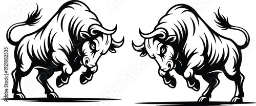 Aggressive bull silhouette vector illustration featuring charging muscular bulls with horns symbolizing strength, power, sports, finance, and branding artwork design