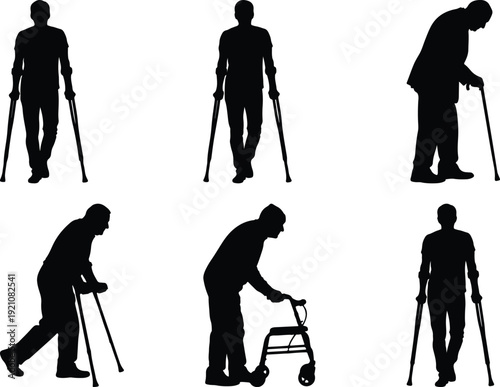 Assorted silhouettes of elderly individuals using mobility aids and a guide dog