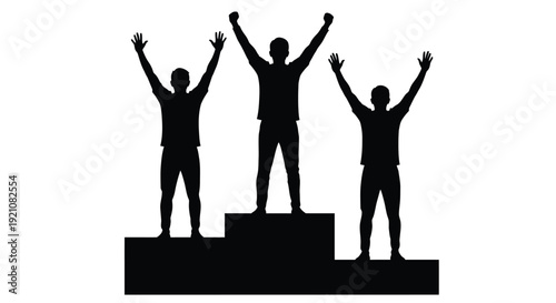 Silhouette of three victors celebrating on a podium representing success