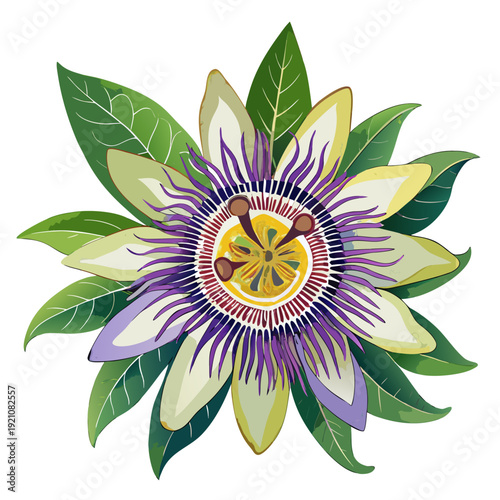 A vibrant illustration of a passionflower with intricate petals and green foliage