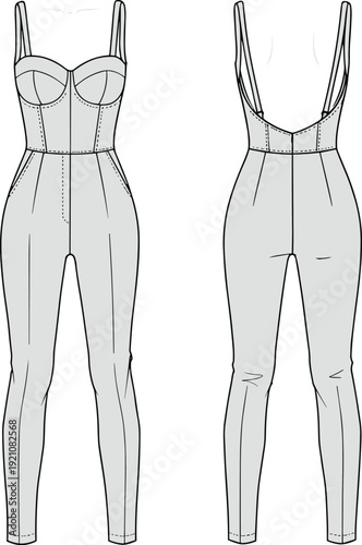 Cad drawing flat vector illustration of fitted corset jumpsuit with spaghetti straps and bustier detail, front and back technical sketch