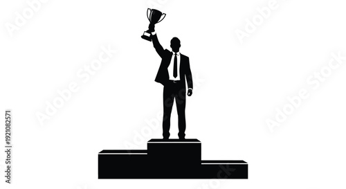 Silhouette of a victorious businessman raising a trophy on a podium