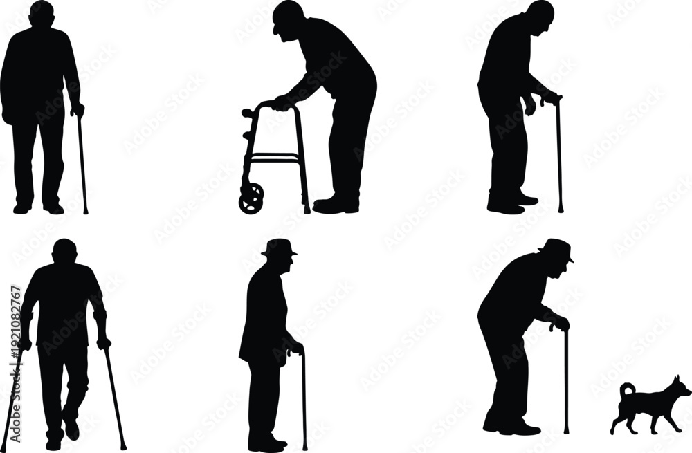 Naklejka premium Elderly individuals using various mobility aids for support and stability
