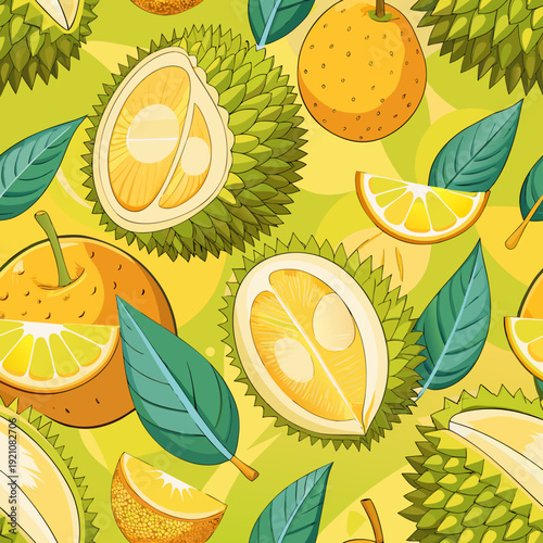 Vibrant display of durian fruits with exposed creamy interiors