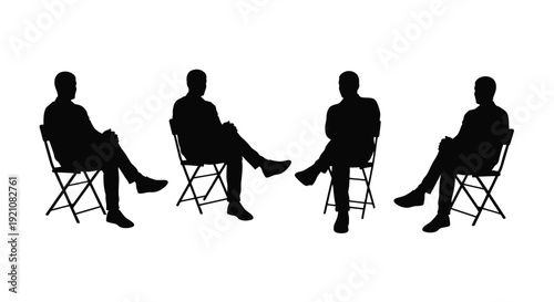 Four silhouetted figures seated in folding chairs against a white background
