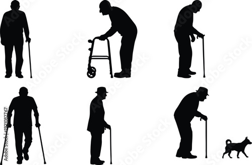 Elderly individuals using various mobility aids for support and stability