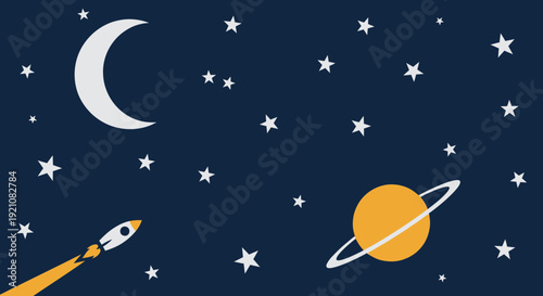 Rocket Launching into Starry Night Sky with Moon and Saturn