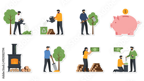 Environmental conservation stickers showing people planting trees, recycling, and saving money for sustainable growth and a green planet.