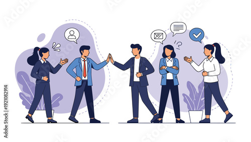 Professional team members engaging in successful communication with high fives and speech bubbles representing productive collaboration.