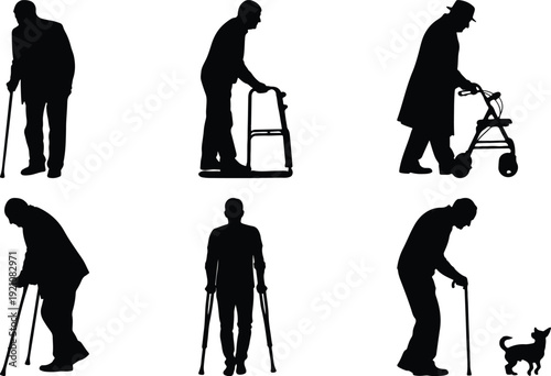 Elderly individuals using mobility aids in various poses and activities