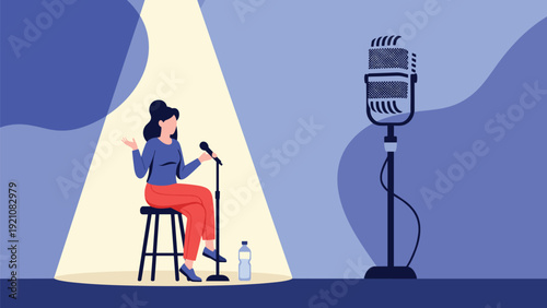 Stand-up comedian performing on stage under a bright spotlight while sitting on a stool and holding a microphone in front of an audience.