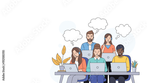 Diverse customer support team wearing headsets while working on laptops with thought bubbles representing problem solving and assistance.