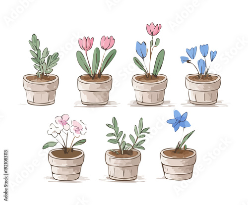 Tall Lavender Stem and Tiny Flower Plant Illustration Set in Stone Pot for Countryside Farmhouse Aesthetic Decor