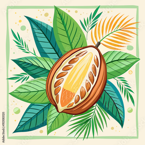 Vibrant illustration of a cocoa pod surrounded by lush green leaves and tropical foliage
