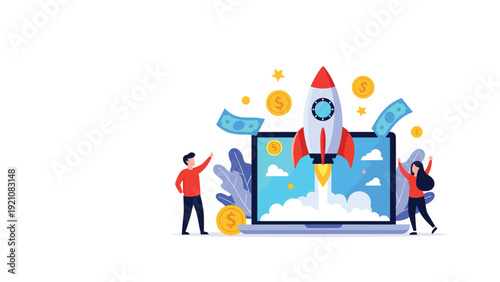 Business startup concept showing a rocket launching from a laptop screen surrounded by floating coins and successful team members.