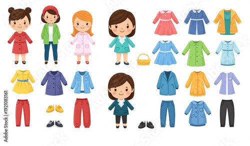 Cute Girl Paper Doll Fashion Game Vector Set for Children