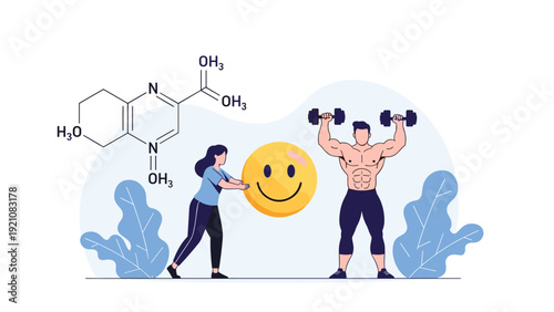 Health and wellness concept featuring mental well-being, physical strength, and biochemical balance for a holistic healthy lifestyle.