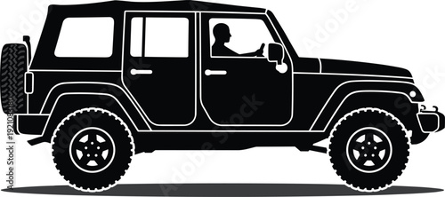Black and white silhouette off‑road vehicle illustration with rugged tires, spare rear wheel, hardtop roof, and driver inside, perfect for adventure, automotive design, and outdoor themes.