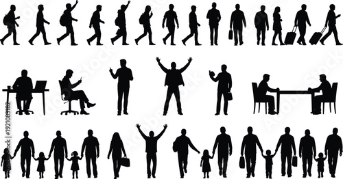 People silhouettes collection set, business office workers walking family activities poses, professional lifestyle characters, isolated black human figures, daily life vector illustration