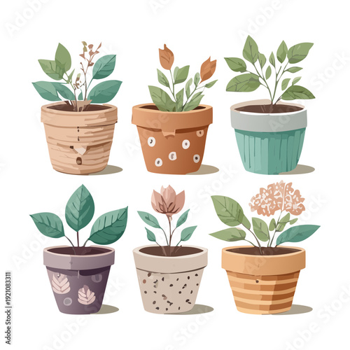 Assorted Herb and Leafy Green Plant Illustration Set in Stone Pot for Natural Healthy Living Style Graphic