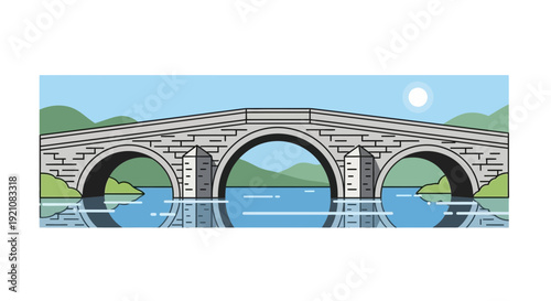 Stone Bridge with Arches Crossing a Calm River, Mountain Landscape