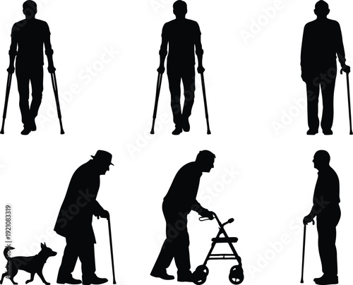Elderly individuals utilizing various mobility aids in different postures.