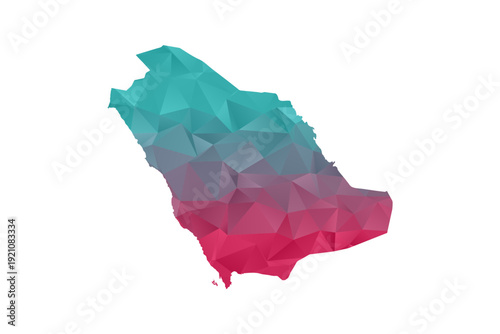 Saudi Arabia Map - Polygon Style Vector Illustration in Teal and Red Gradient, Low Poly Geometric Design, Isolated on White Background for Infographics and Education.