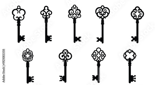 A collection of ornate vintage style keys arranged in two rows