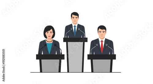 Three professionals standing at podiums likely for a debate or presentation