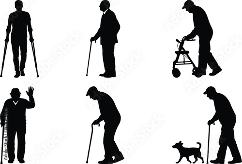 Elderly individuals using crutches and walking aids in various postures