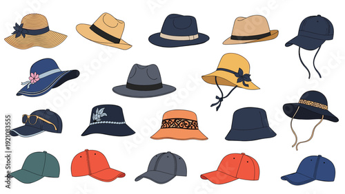 Assortment of stylish headwear including sun hats, fedoras, baseball caps, and bucket hats in different colors and designs.