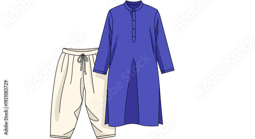 Traditional Indian Kurta Pajama Set - Blue Tunic and Cream Pants