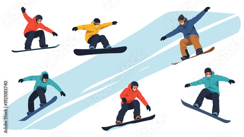 Action-packed winter sports scene featuring snowboarders in various poses and performing jumps on a blue snowy slope background.