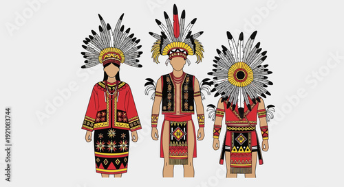 Traditional Indigenous Costumes: Three Figures in Elaborate Native Attire, Cultural Heritage