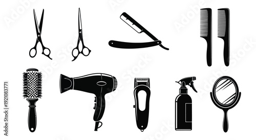 Black and white illustration of various barber and hairstylist tools