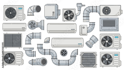 Comprehensive set of hvac system components including air conditioners, ventilation ducts, fans, and outdoor compressor units.