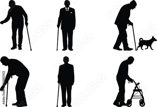Silhouettes of elderly individuals using walking aids and pets for support