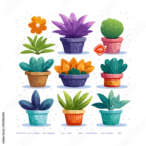 Blue Petunia and Daisy Flower Plant Illustration Set in Blue Pot for Fresh Bright Morning Garden Feeling