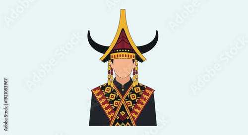 Traditional Indonesian Warrior Costume with Horned Hat and Ornate Fabric