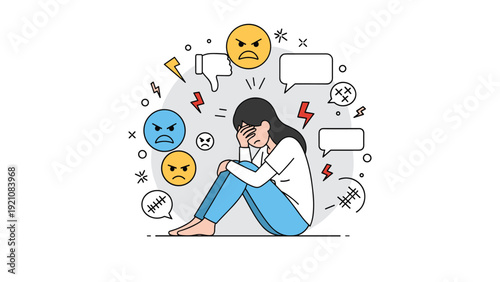 Mental health awareness illustration showing a woman feeling overwhelmed and stressed by negative emotions and angry speech bubbles.