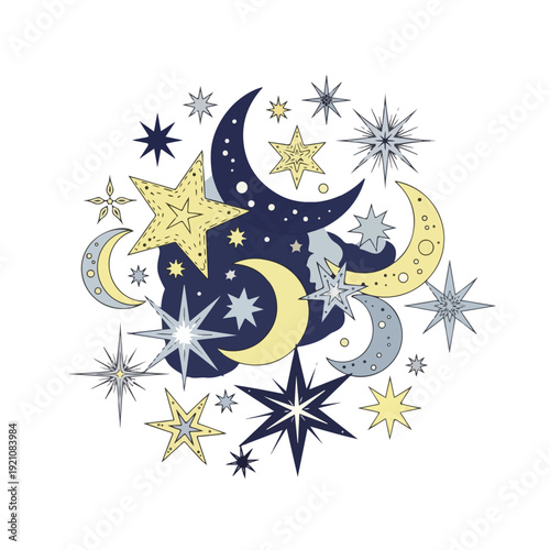 A hand-drawn illustration featuring celestial bodies including stars and moons