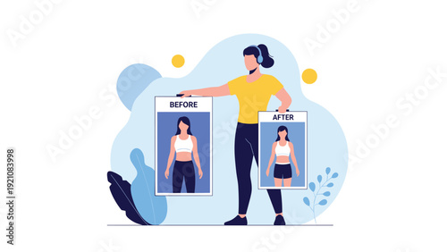 Fitness and body transformation concept showing a woman proudly displaying her before and after progress photos following a workout.