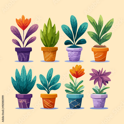 Colorful Floral and Green Leafy Plant Illustration Set in Pink Pot for Joyful Vibrant Garden Decoration Design