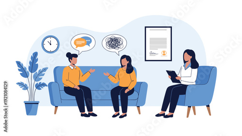 Professional counseling session showing two people discussing their problems with a therapist in a comfortable office setting.