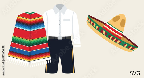 Traditional Mexican Fiesta Outfit: Poncho, Sombrero, and Uniform
