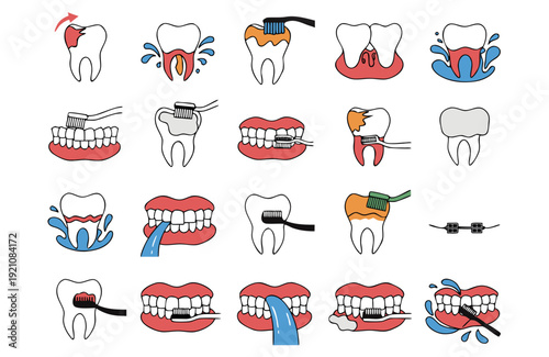Illustrations of various oral hygiene practices and dental problems