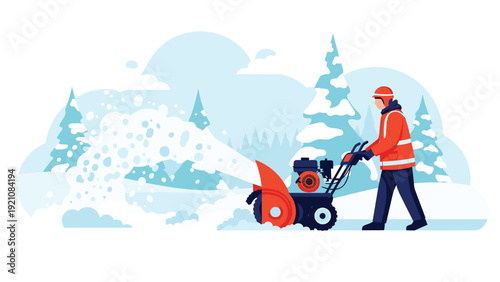 Professional worker using heavy duty orange snow blower to clear path in deep snow during a cold winter storm season.