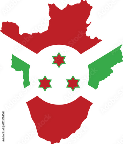 Stylized map outline of burundi with flag colors and stars