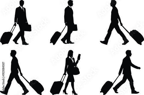 People carrying luggage silhouettes in various travel scenarios