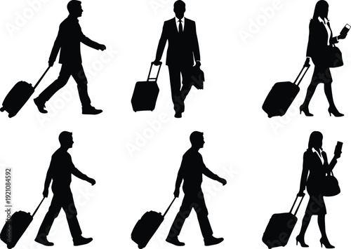 Silhouettes of travelers with various types of luggage in motion